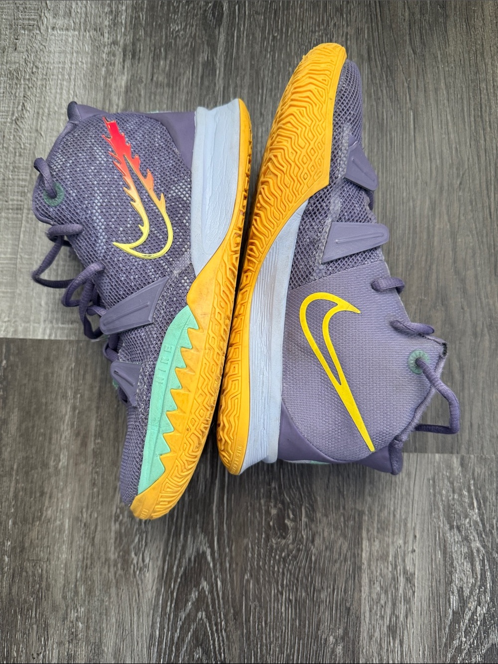 Nike Kids Purple Basketball Sneakers with Yellow Swoosh and Orange Outsole